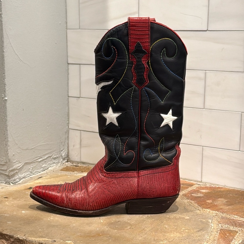 Nine West Red and Black Western Heeled Boot with Star Accent